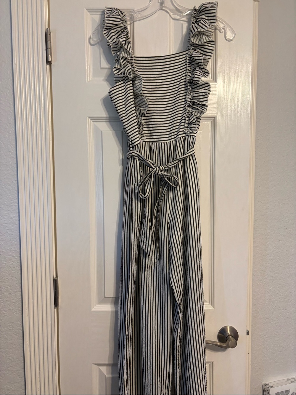 Truly Me Black and White Striped Ruffle Strap Jumpsuit